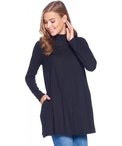 Long Sleeve Solid Mock Neck Pocket Swing Tunic T-Shirt Top (S-3X) Black $17.35 Tops