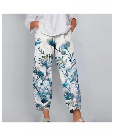 Womens Boho Floral Print Linen Pants Casual Loose Drawstring High Waist Cropped Capris Straight Leg Lounge Trousers 01-blue $...