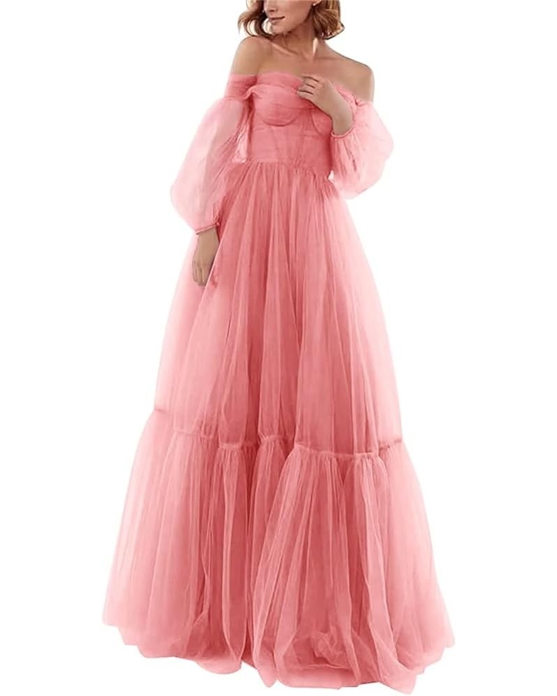 Off Shoulder Tulle Prom Dresses Puffy Sleeve Long Sweetheart A-Line Formal Evening Party Gowns Watermelon $38.22 Dresses