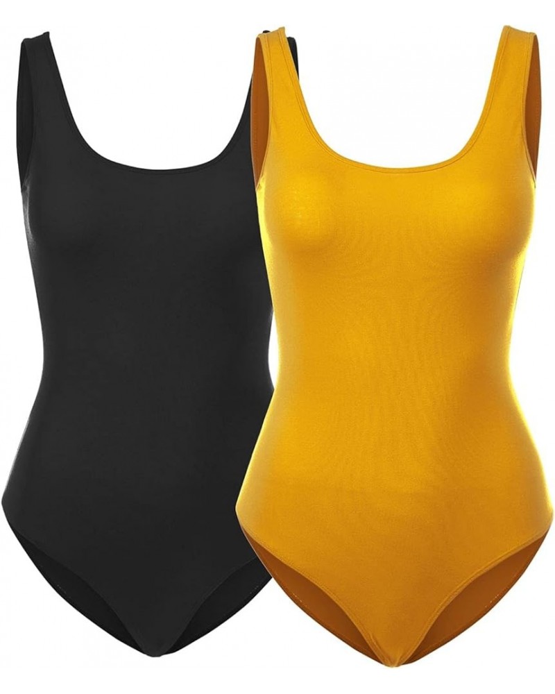 Women's Scoop Neck Sleeveless Stretch Cotton Bodysuit Tank Top 2pk-black/Mustard $10.17 Lingerie