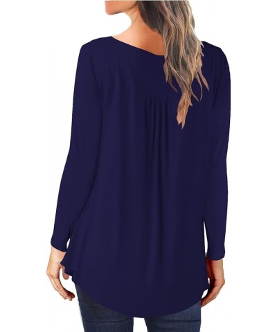 Women's Floral Tunic Tops Long Sleeve Henley V Neck Buttons Up Casual Blouse Shirt Solid-navy Blue $8.09 Tops