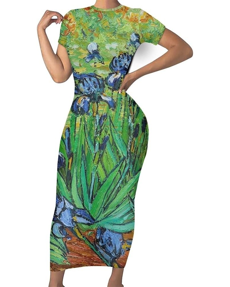 Women's 3D Print Van Gogh Starry Night Short Sleeve Slim Bodycon Maxi Long Dress Van Gogh Iris $11.50 Dresses