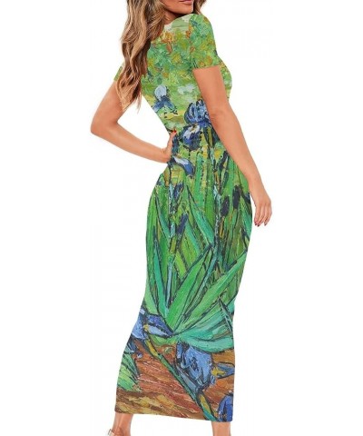 Women's 3D Print Van Gogh Starry Night Short Sleeve Slim Bodycon Maxi Long Dress Van Gogh Iris $11.50 Dresses