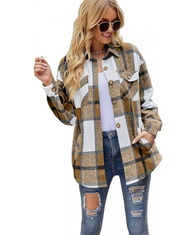 Women's Brushed Plaid Shirts Long Sleeve Flannel Lapel Button Down Pocketed Shacket Jacket Coats Kahki Plaid $18.35 Blouses