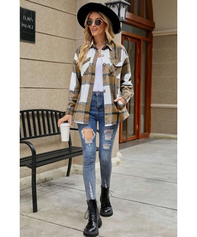 Women's Brushed Plaid Shirts Long Sleeve Flannel Lapel Button Down Pocketed Shacket Jacket Coats Kahki Plaid $18.35 Blouses