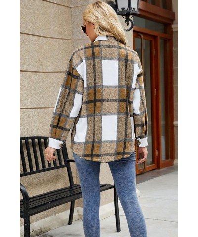 Women's Brushed Plaid Shirts Long Sleeve Flannel Lapel Button Down Pocketed Shacket Jacket Coats Kahki Plaid $18.35 Blouses