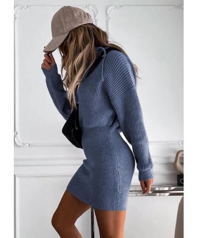 Women's Winter Rib Knit Pullover Sweater 2024 Fashion Fall Dresses Long Sleeve Hooded Bodycon Dress Grey Blue $11.99 Sweaters