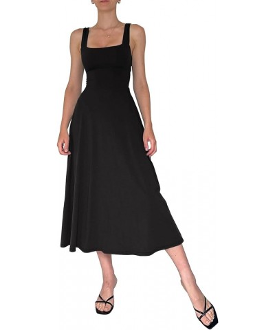 Women's Sleeveless Cocktail Dresses Square Neck Flowy Tank Midi Formal Dress for Wedding Guest Solid Black $11.50 Dresses