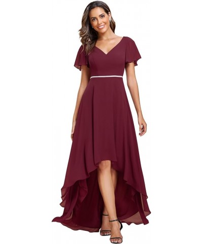 Women's V Neck Ruffle Sleeve Lotus Leaf Asymmetry Hem High Low Chiffon Formal Dresses 01748 Burgundy $34.36 Dresses