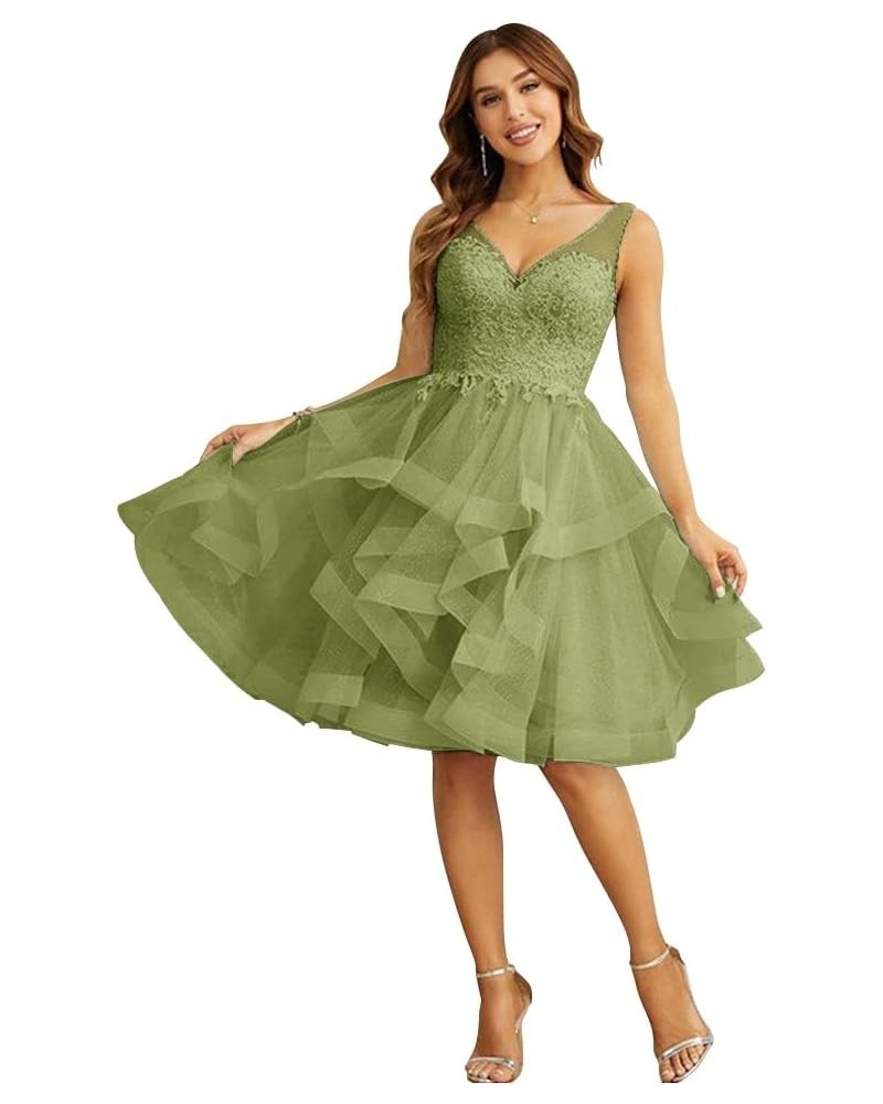 Women’s V Neck Short Homecoming Dress for Teens 2023 Organza Lace Applique Junior Formal Cocktail Party Gown Sage Green $31.4...