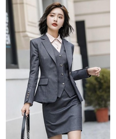 Women's Suit 3 Piece Striped Skirt Suit Petite Business Work Suit Formal Wedding Lady Tuxedo(Jacket+Vest+Skirt) Tea $38.71 Suits