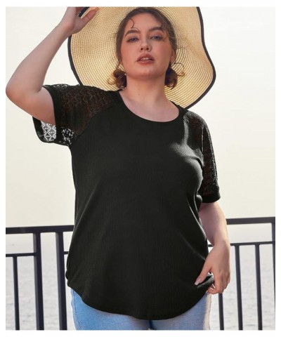 Plus Size Tops for Women Long Short Sleeve Shirt Lace Sleeve Waffle Knit Tshirt Casual Tee Hollow-Out Blouses XL-5XL A02- Lac...