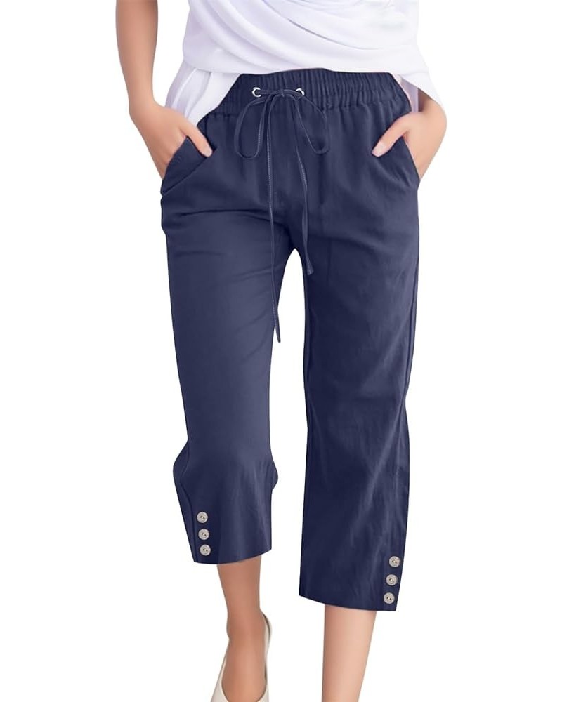 Capri Linen Pants for Women Wide Leg Casual Cotton Pant Loose Drawstrings High Waist Lounge Trousers with Pocket Navy $6.80 P...