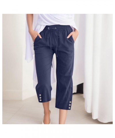 Capri Linen Pants for Women Wide Leg Casual Cotton Pant Loose Drawstrings High Waist Lounge Trousers with Pocket Navy $6.80 P...