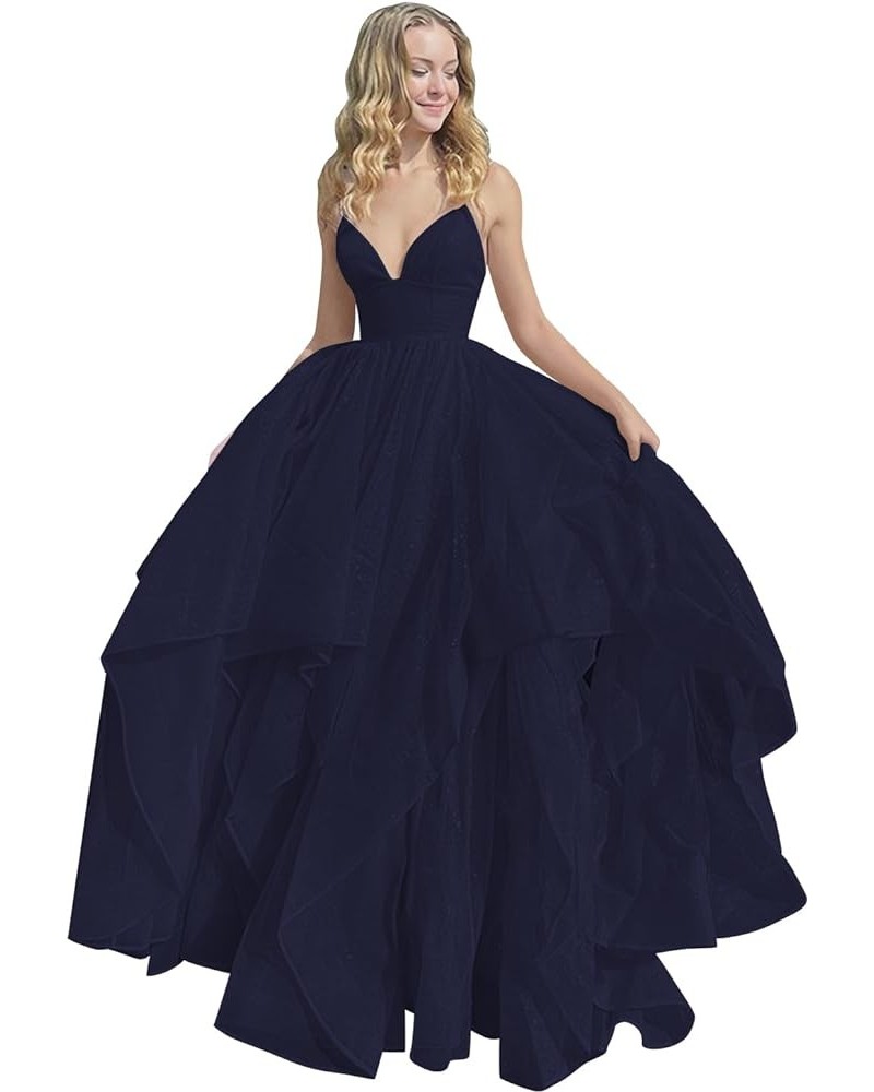 Women's Sparkly Tulle Prom Dress 2023 Long Ball Gown Spaghetti Straps Quinceanera Dress YZTS037 Navy Blue $48.75 Dresses