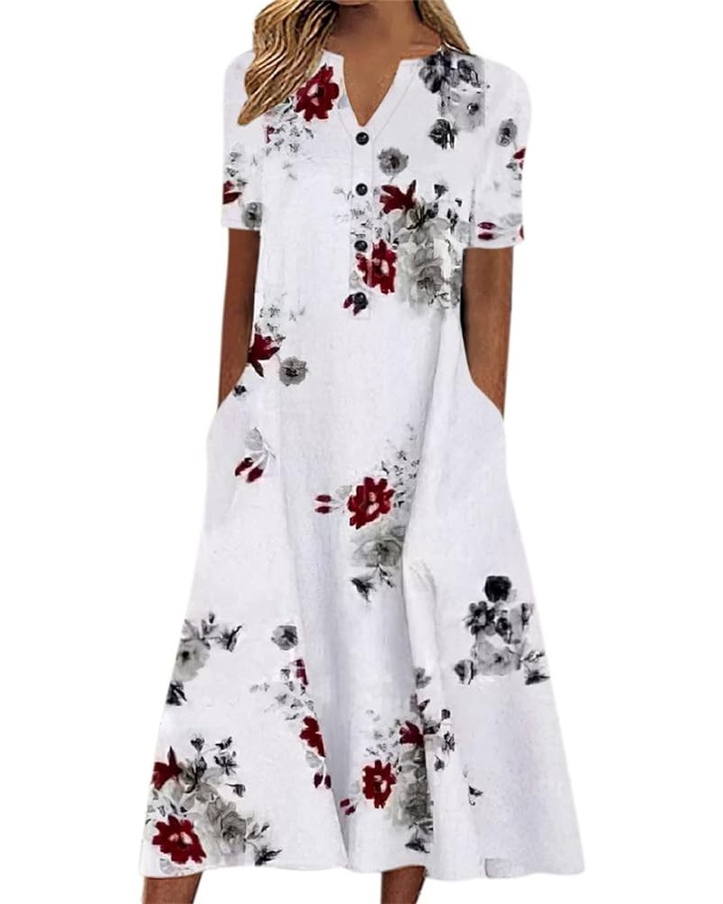 Women's 2024 Casual Summer Dresses Floral Boho Beach V-Neck Buttons Short Sleeve Pockets Loose Midi Dress for Women 004-red $...