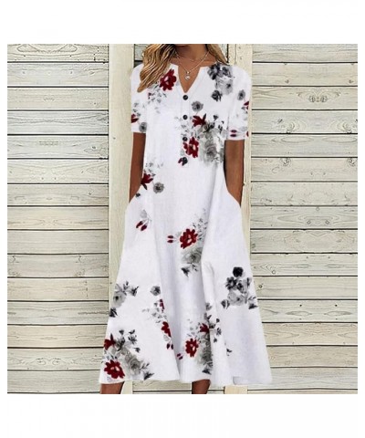 Women's 2024 Casual Summer Dresses Floral Boho Beach V-Neck Buttons Short Sleeve Pockets Loose Midi Dress for Women 004-red $...