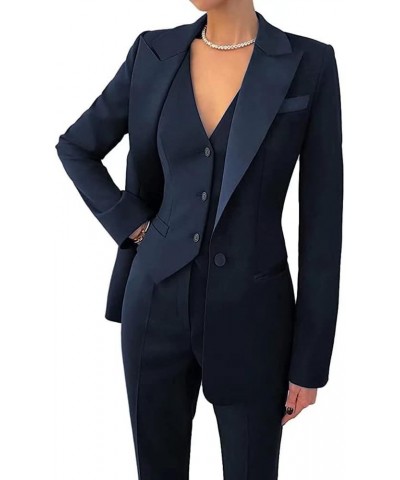 Women's 3 Piece Office Lady Business Suit Set Slim Fit Solid Blazer Vest Pant Set Navy Blue $31.71 Suits