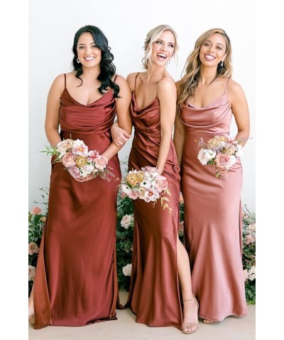 Women's Spaghetti Strap Cowl Neck Bridesmaid Dresses Long Satin Prom Dress Formal Gown with Slit YG111 Fucshia $27.60 Dresses