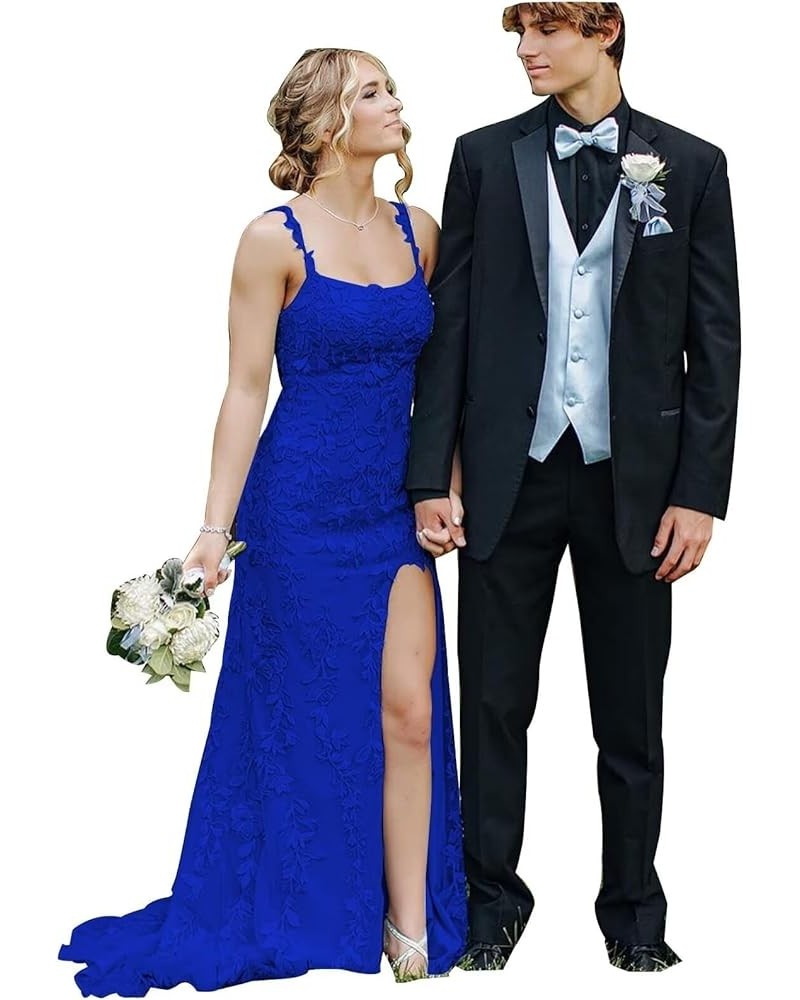 Spaghetti Strap Lace Tulle Prom Dresses Long with Slit Mermaid Formal Evening Dress Ball Gowns for Women Royal Blue $38.94 Dr...