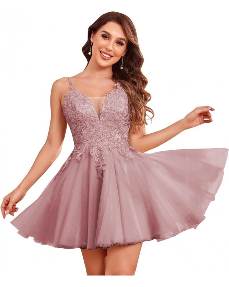 V Neck Homecoming Dreses for Teens Lace Applique A-Line Beaded Tulle Short CCocktail Prom Gown Dusty Rose $36.00 Dresses