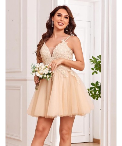 V Neck Homecoming Dreses for Teens Lace Applique A-Line Beaded Tulle Short CCocktail Prom Gown Dusty Rose $36.00 Dresses