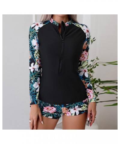 Women Two Piece Rash Guard Short Sleeve Swim Shirt with Shorts Swimsuits Zipper Surfing Bathing Suit Swimwear Set Black01➤➤sw...