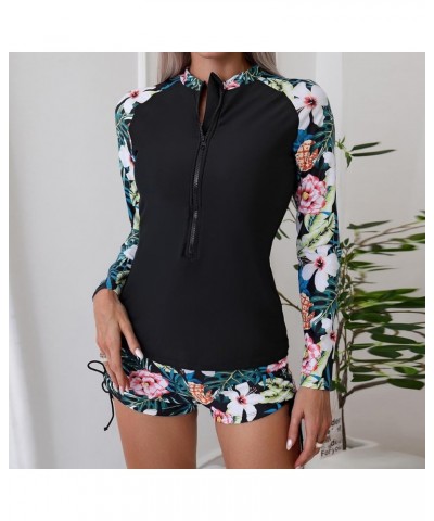 Women Two Piece Rash Guard Short Sleeve Swim Shirt with Shorts Swimsuits Zipper Surfing Bathing Suit Swimwear Set Black01➤➤sw...