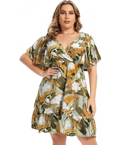 Women’s Plus Size Casual Floral Dress Butterfly Sleeve Flowy Swing Boho Dress Green Leaf $13.50 Dresses