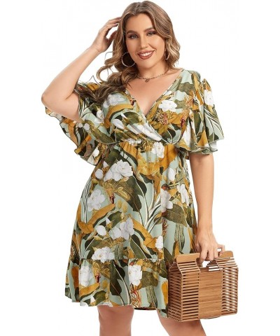 Women’s Plus Size Casual Floral Dress Butterfly Sleeve Flowy Swing Boho Dress Green Leaf $13.50 Dresses