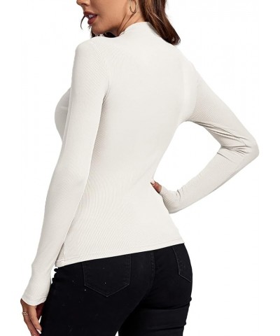 Women's Ruched Front Mock Neck Long Sleeve Knit Slim Workwear Tee Blouse Top White $18.87 T-Shirts