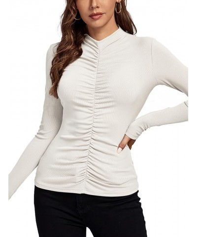 Women's Ruched Front Mock Neck Long Sleeve Knit Slim Workwear Tee Blouse Top White $18.87 T-Shirts