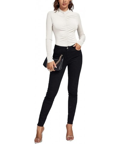 Women's Ruched Front Mock Neck Long Sleeve Knit Slim Workwear Tee Blouse Top White $18.87 T-Shirts