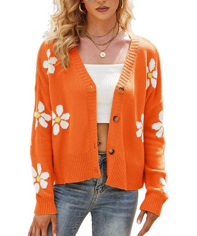 Womens Long Sleeve Floral Print Cardigan Sweaters Casual V Neck Button Cute Daisy Knit Cardigan Sweater Outfits Tops Orange $...