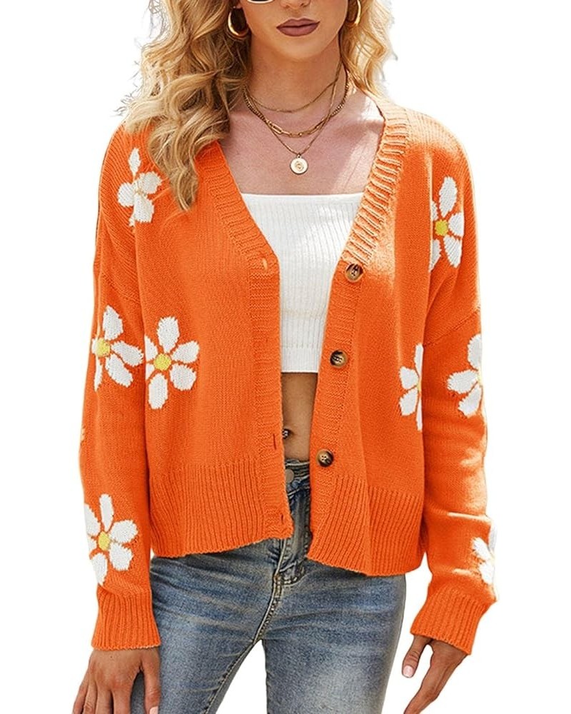 Womens Long Sleeve Floral Print Cardigan Sweaters Casual V Neck Button Cute Daisy Knit Cardigan Sweater Outfits Tops Orange $...