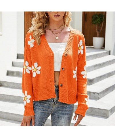 Womens Long Sleeve Floral Print Cardigan Sweaters Casual V Neck Button Cute Daisy Knit Cardigan Sweater Outfits Tops Orange $...