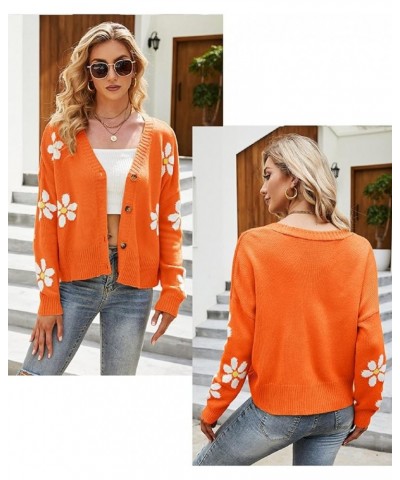 Womens Long Sleeve Floral Print Cardigan Sweaters Casual V Neck Button Cute Daisy Knit Cardigan Sweater Outfits Tops Orange $...