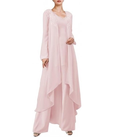 Lace Applique 3 Pieces Mother of The Bride Pantsuits with Jackets Chiffon V-Neck Long Sleeves Formal Pants for Women Blush $3...