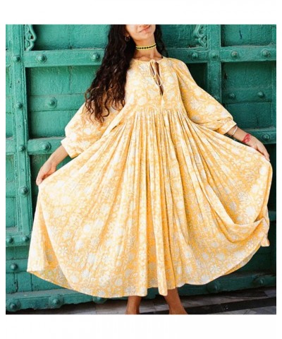 Women Boho Dress Billowing Sleeves Tie Neckline Floral Midi Dress Summer Flowy Beach Dresses Midi-yellow $10.08 Swimsuits