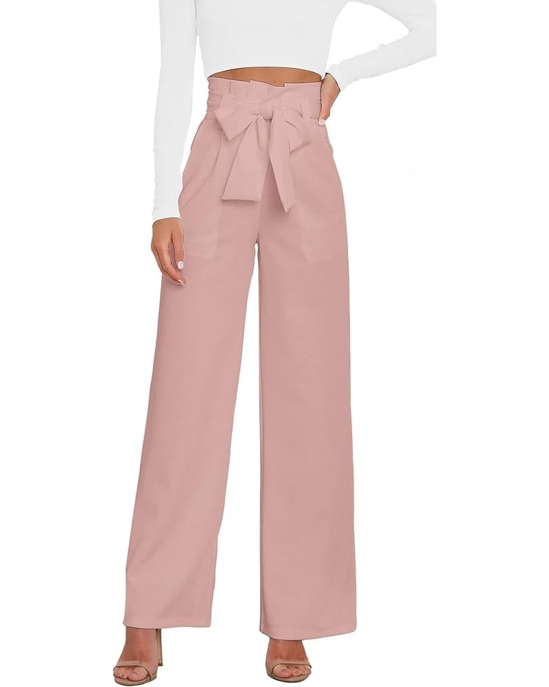 Women's Casual Wide Leg Belted Palazzo Pants High Waist Business Work Trouser with Pocket Pink $22.00 Pants