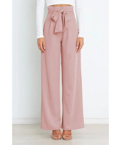 Women's Casual Wide Leg Belted Palazzo Pants High Waist Business Work Trouser with Pocket Pink $22.00 Pants