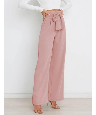 Women's Casual Wide Leg Belted Palazzo Pants High Waist Business Work Trouser with Pocket Pink $22.00 Pants