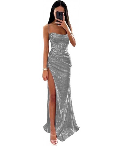 Sparkly Sequin Cocktail Prom Dress Ruch Spaghetti Straps Backless Mermaid Corset Formal Evening Party Gown Silver $28.20 Dresses