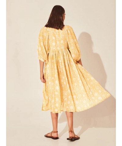 Women Boho Dress Billowing Sleeves Tie Neckline Floral Midi Dress Summer Flowy Beach Dresses Midi-yellow $10.08 Swimsuits