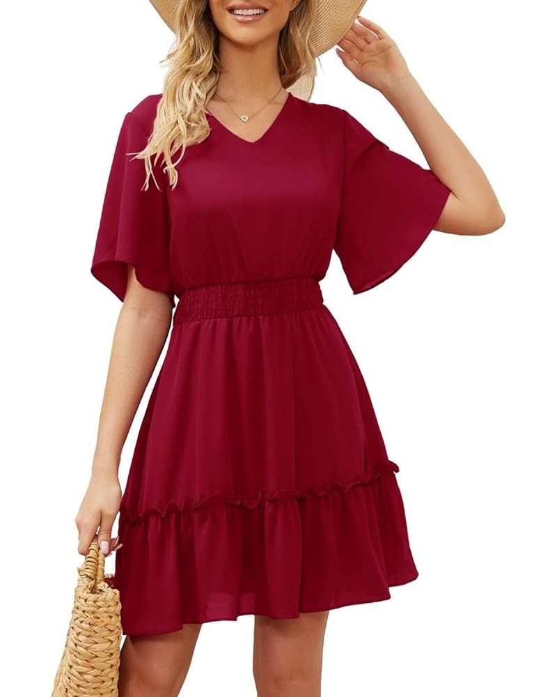 Women's Summer Casual Flutter Short Sleeve V Neck Smocked Elastic Waist Tiered Ruffle Midi Dress Burgundy $11.50 Dresses