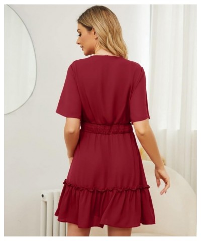 Women's Summer Casual Flutter Short Sleeve V Neck Smocked Elastic Waist Tiered Ruffle Midi Dress Burgundy $11.50 Dresses