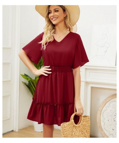 Women's Summer Casual Flutter Short Sleeve V Neck Smocked Elastic Waist Tiered Ruffle Midi Dress Burgundy $11.50 Dresses