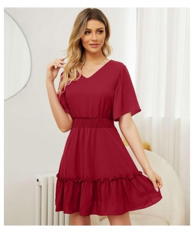 Women's Summer Casual Flutter Short Sleeve V Neck Smocked Elastic Waist Tiered Ruffle Midi Dress Burgundy $11.50 Dresses