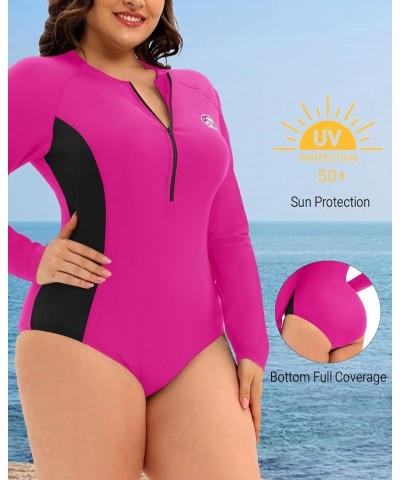 Plus Size One Piece Rash Guard for Women Long Sleeve Swimsuit Zipper UPF 50+ Surfing Bathing Suit Purple and Black $24.29 Swi...