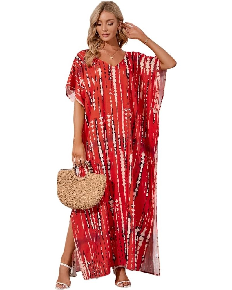 Summer Beach Maxi Dress Print Loose Fit Caftan Dress Plus Size Swimsuit Cover Ups Red $10.25 Swimsuits